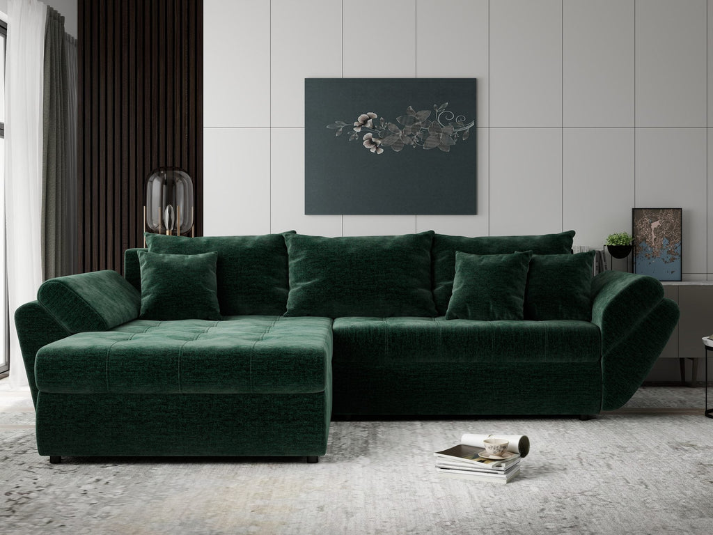 Colțar extensibil dumonde cu ladă de depozitare si sezut confortabil din spuma high-density, Loana Monolith Verde 270x185 cm