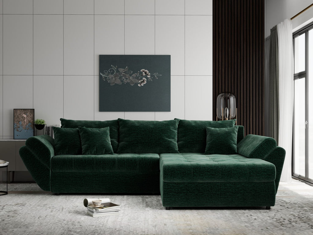 Colțar extensibil dumonde cu ladă de depozitare si sezut confortabil din spuma high-density, Loana Monolith Verde II 270x185 cm