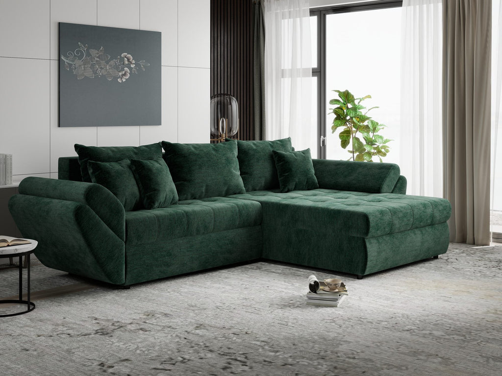 Colțar extensibil dumonde cu ladă de depozitare si sezut confortabil din spuma high-density, Loana Monolith Verde II 270x185 cm