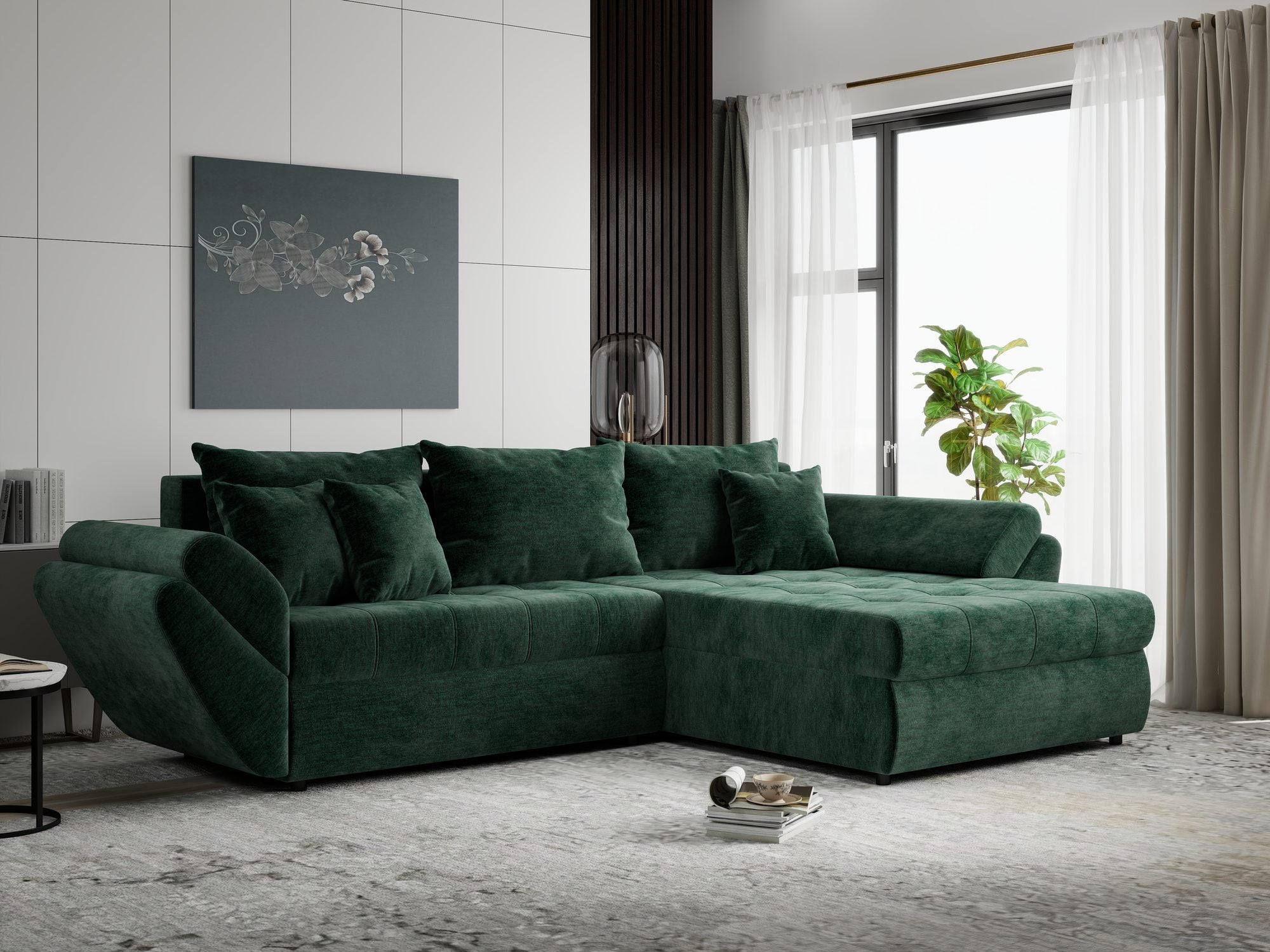 Colțar extensibil dumonde cu ladă de depozitare si sezut confortabil din spuma high-density, Loana Monolith Verde II 270x185 cm