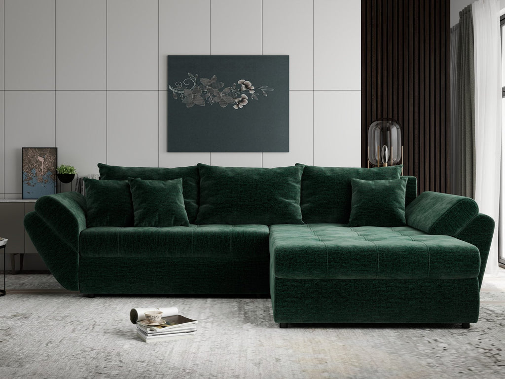 Colțar extensibil dumonde cu ladă de depozitare si sezut confortabil din spuma high-density, Loana Monolith Verde II 270x185 cm