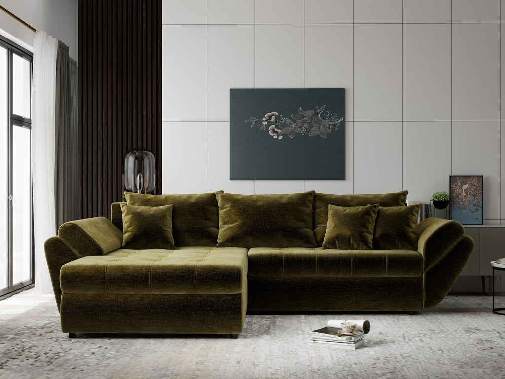 Colțar extensibil dumonde cu ladă de depozitare si sezut confortabil din spuma high-density, Loana Monolith Verde olive 270x185 cm