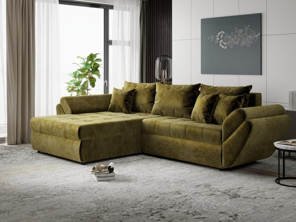 Colțar extensibil dumonde cu ladă de depozitare si sezut confortabil din spuma high-density, Loana Monolith Verde olive 270x185 cm