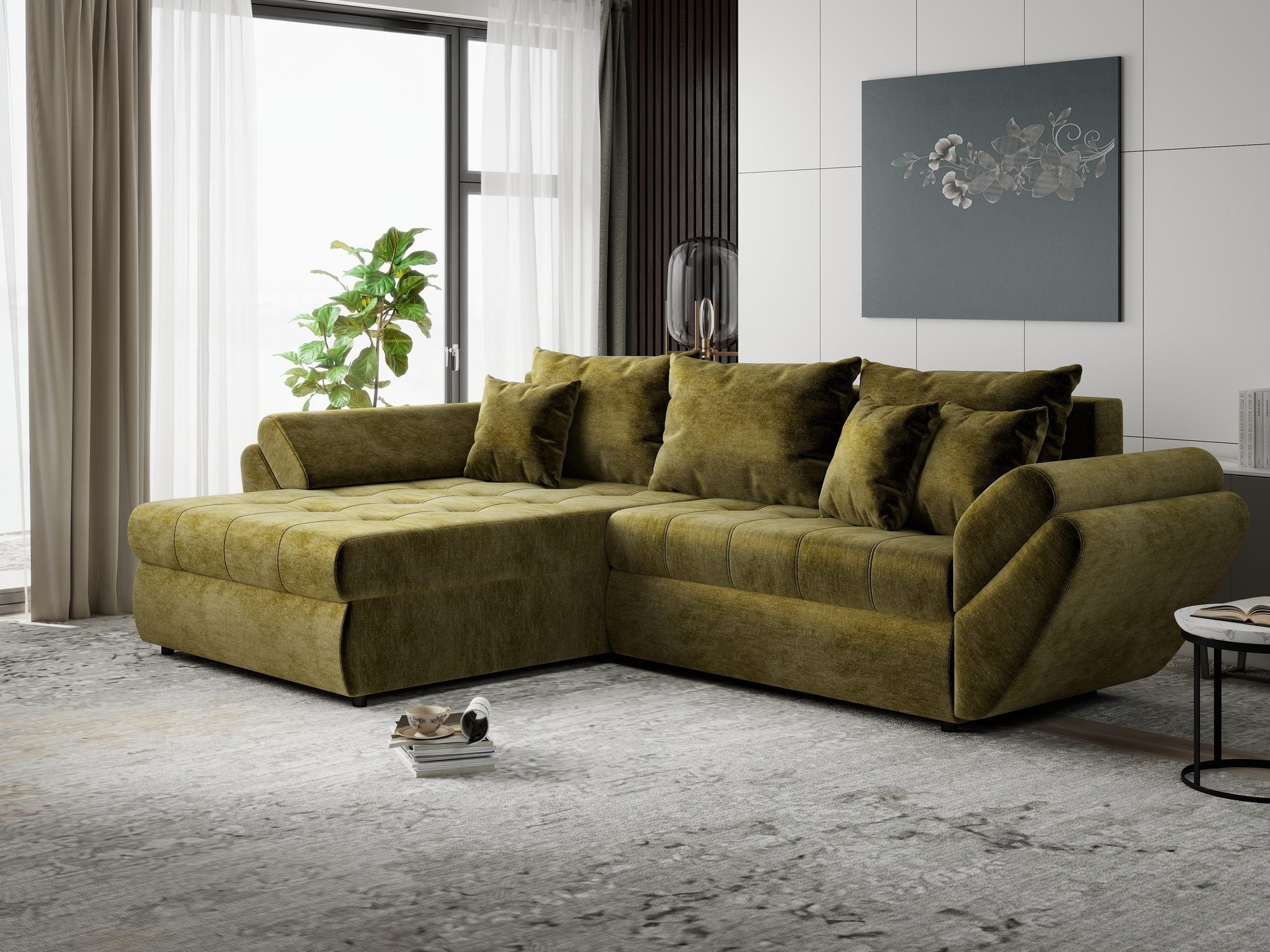 Colțar extensibil dumonde cu ladă de depozitare si sezut confortabil din spuma high-density, Loana Monolith Verde olive 270x185 cm