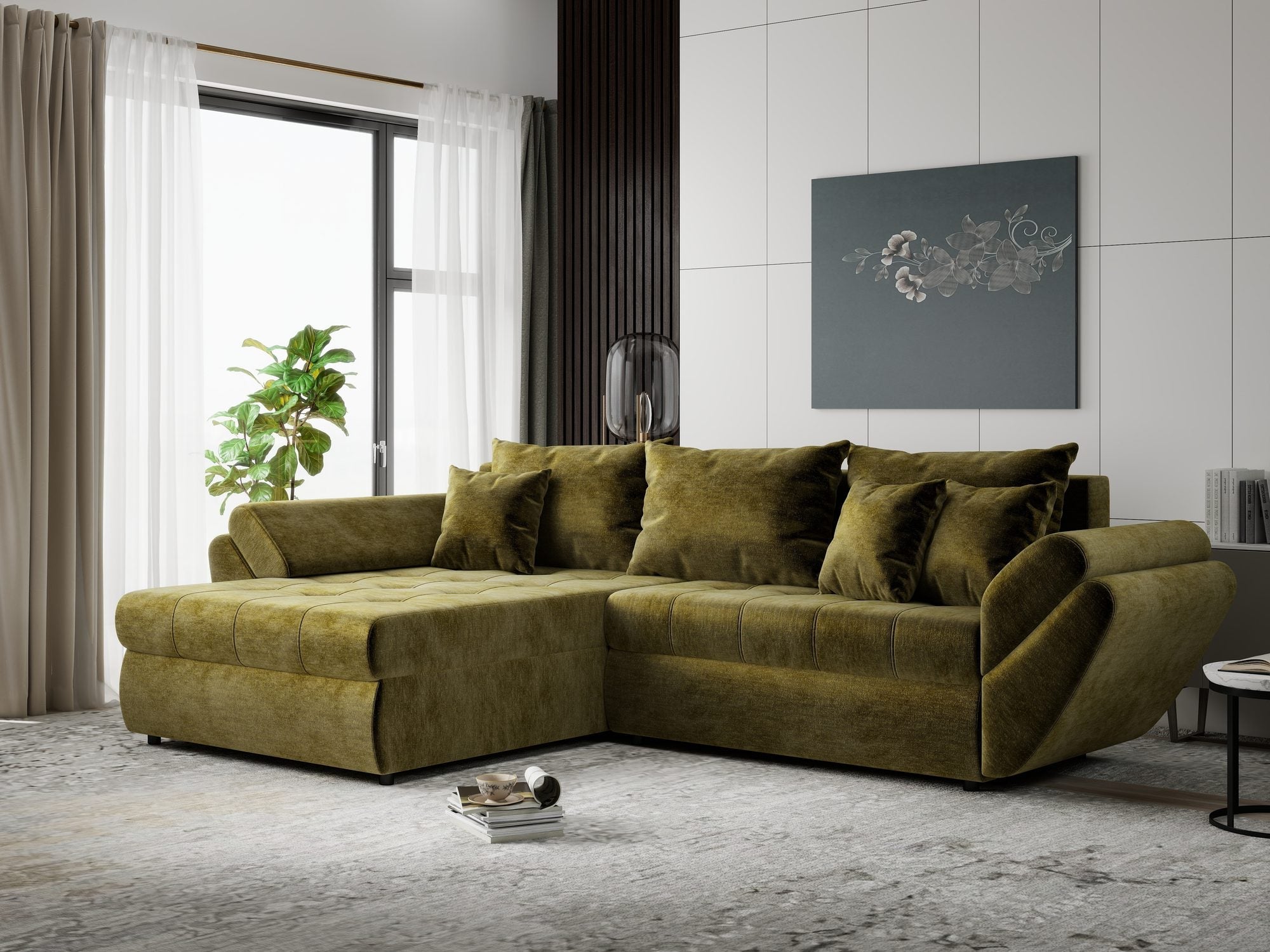 Colțar extensibil dumonde cu ladă de depozitare si sezut confortabil din spuma high-density, Loana Monolith Verde olive 270x185 cm