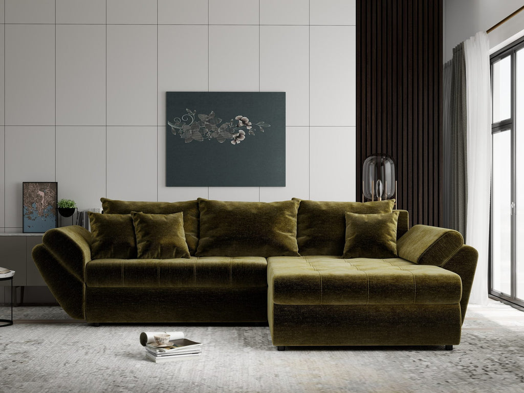 Colțar extensibil dumonde cu ladă de depozitare si sezut confortabil din spuma high-density, Loana Monolith Verde olive II 270x185 cm