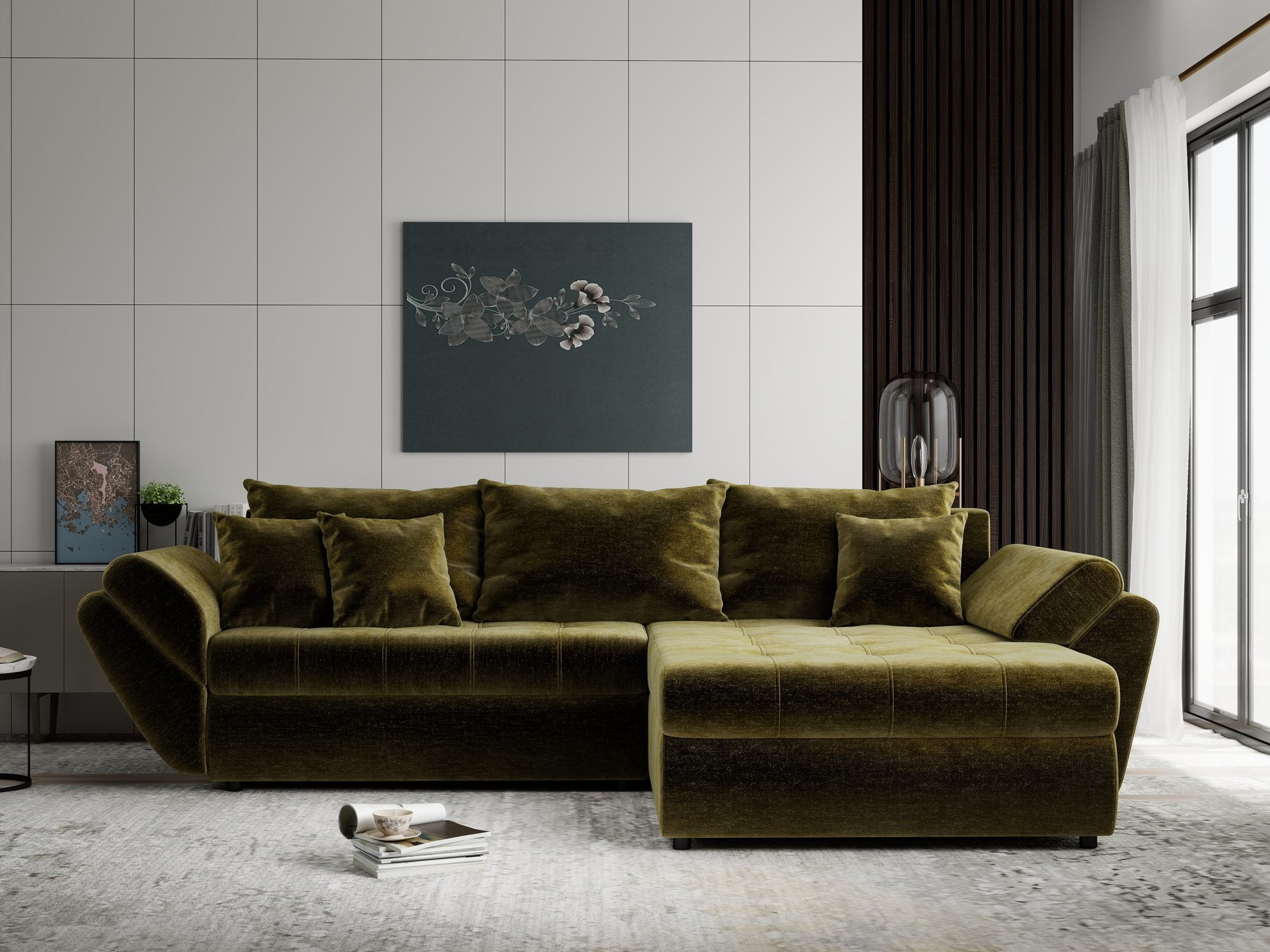 Colțar extensibil dumonde cu ladă de depozitare si sezut confortabil din spuma high-density, Loana Monolith Verde olive II 270x185 cm