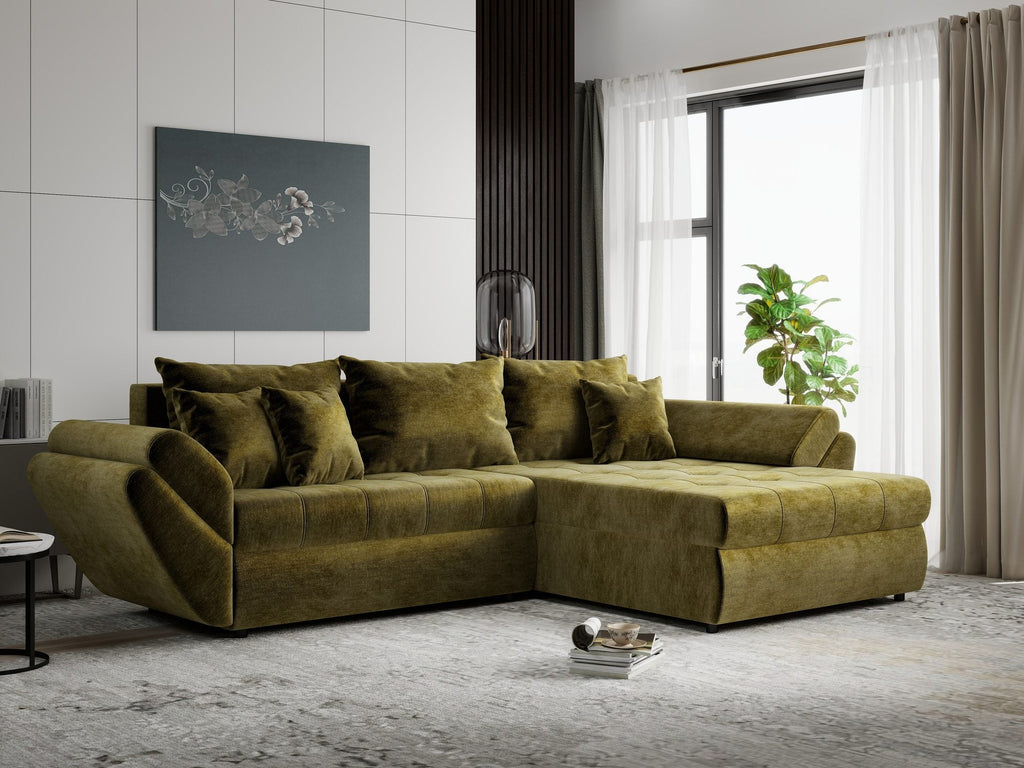 Colțar extensibil dumonde cu ladă de depozitare si sezut confortabil din spuma high-density, Loana Monolith Verde olive II 270x185 cm