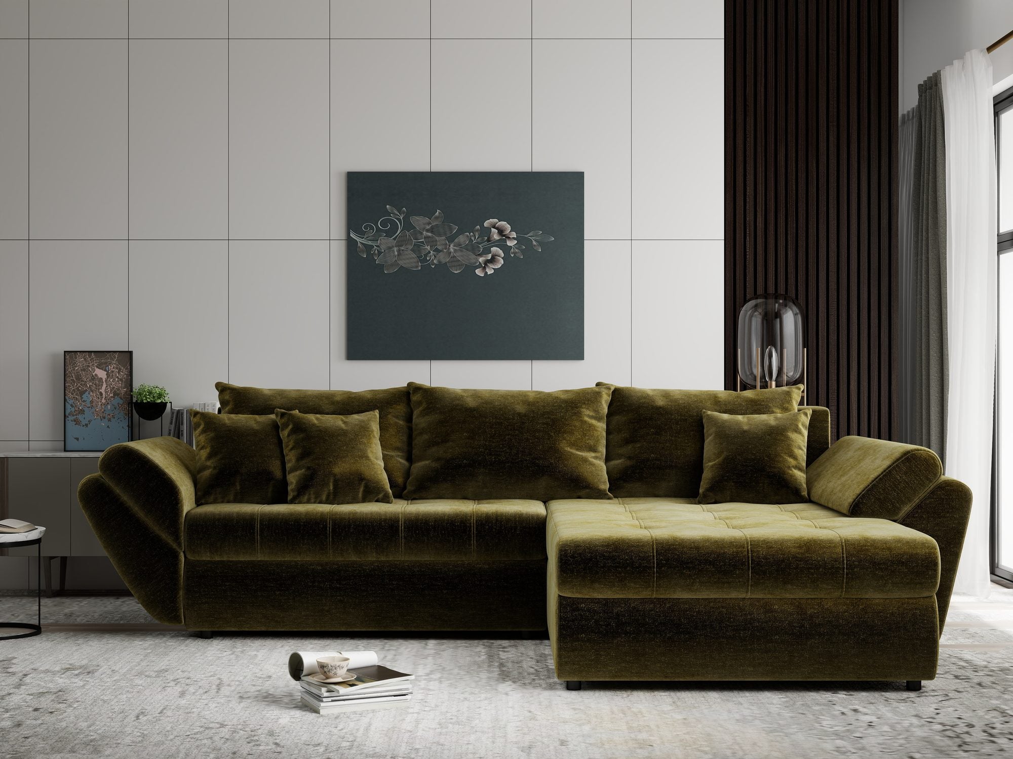 Colțar extensibil dumonde cu ladă de depozitare si sezut confortabil din spuma high-density, Loana Monolith Verde olive II 270x185 cm