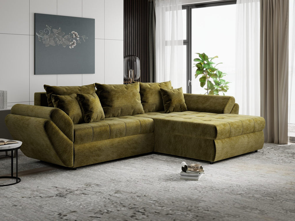 Colțar extensibil dumonde cu ladă de depozitare si sezut confortabil din spuma high-density, Loana Monolith Verde olive II 270x185 cm