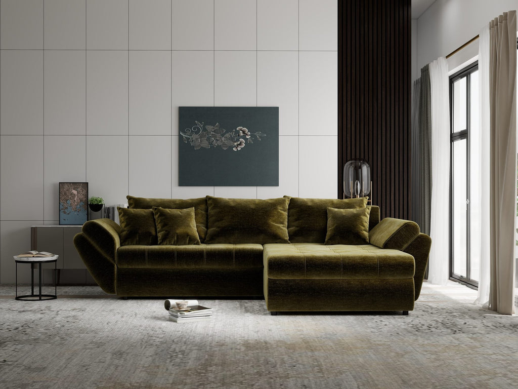 Colțar extensibil dumonde cu ladă de depozitare si sezut confortabil din spuma high-density, Loana Monolith Verde olive II 270x185 cm