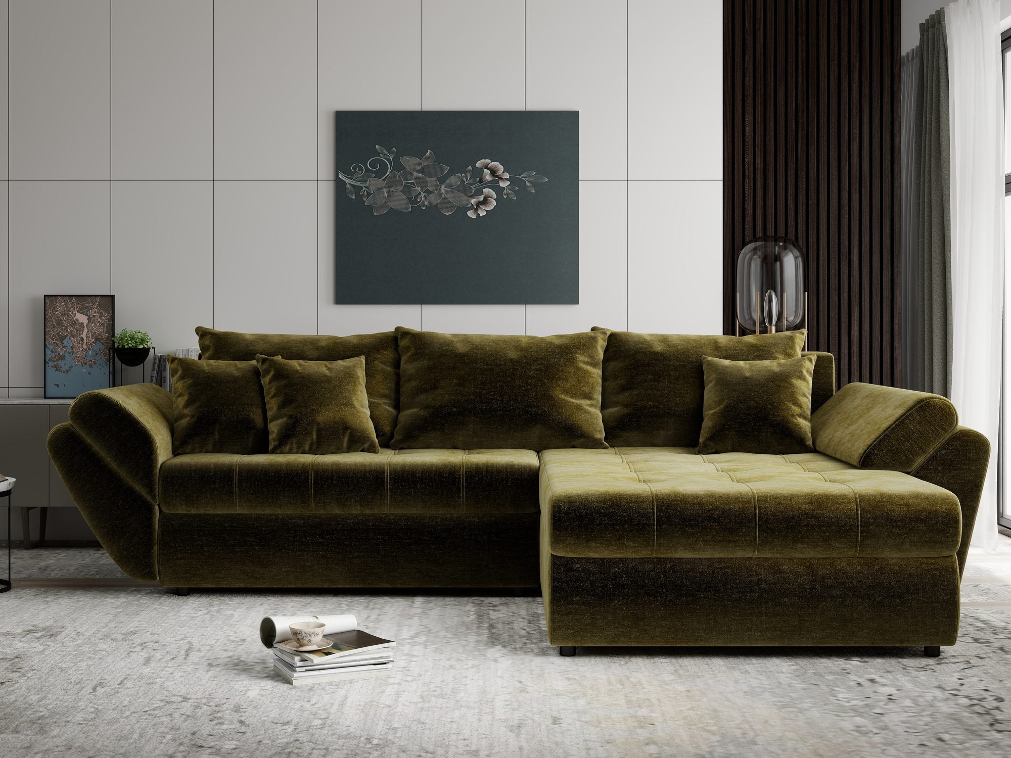 Colțar extensibil dumonde cu ladă de depozitare si sezut confortabil din spuma high-density, Loana Monolith Verde olive II 270x185 cm