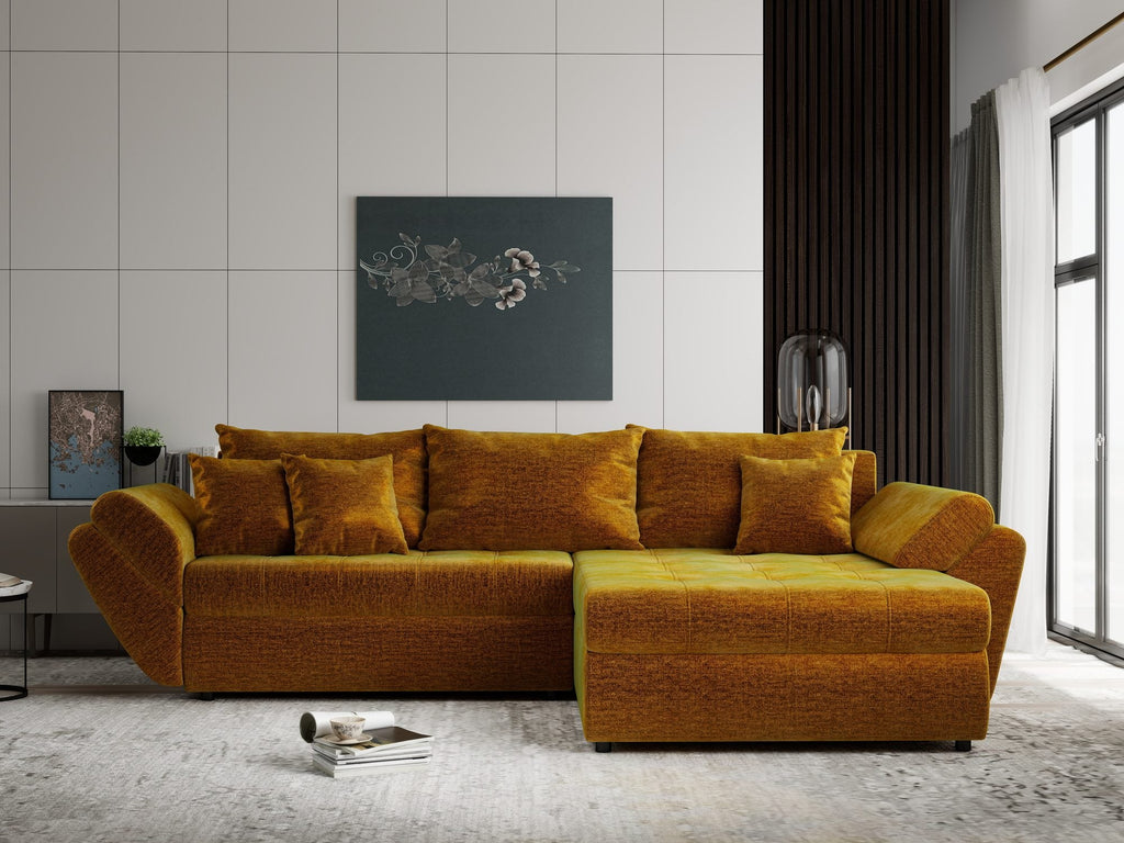 Colțar extensibil dumonde cu ladă de depozitare si sezut confortabil din spuma high-density, Loana Monolith Mustar II 270x185 cm