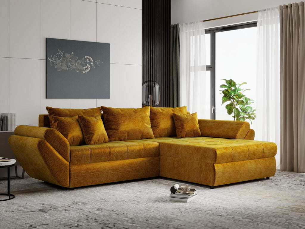 Colțar extensibil dumonde cu ladă de depozitare si sezut confortabil din spuma high-density, Loana Monolith Mustar II 270x185 cm