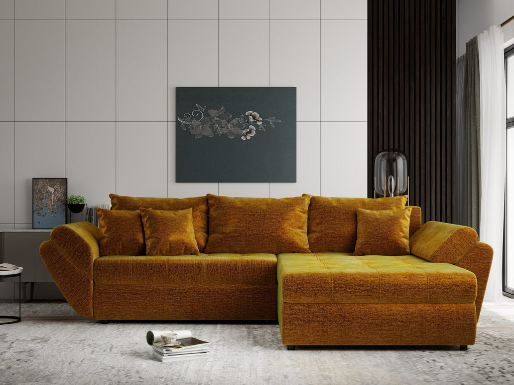 Colțar extensibil dumonde cu ladă de depozitare si sezut confortabil din spuma high-density, Loana Monolith Mustar II 270x185 cm