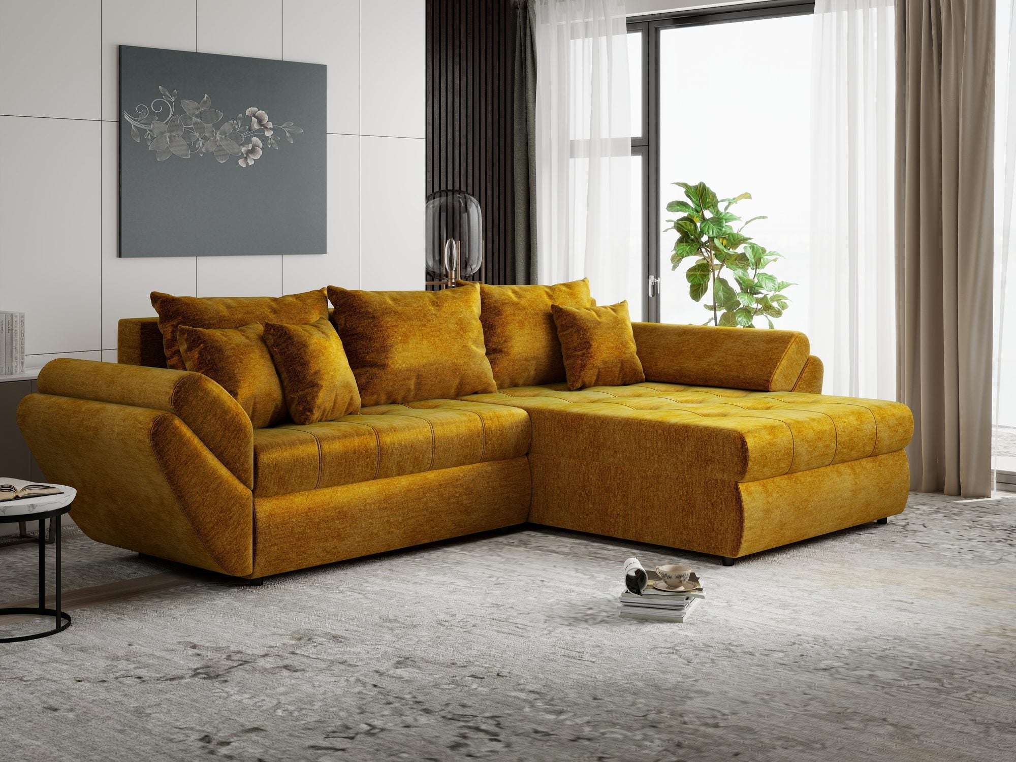 Colțar extensibil dumonde cu ladă de depozitare si sezut confortabil din spuma high-density, Loana Monolith Mustar II 270x185 cm