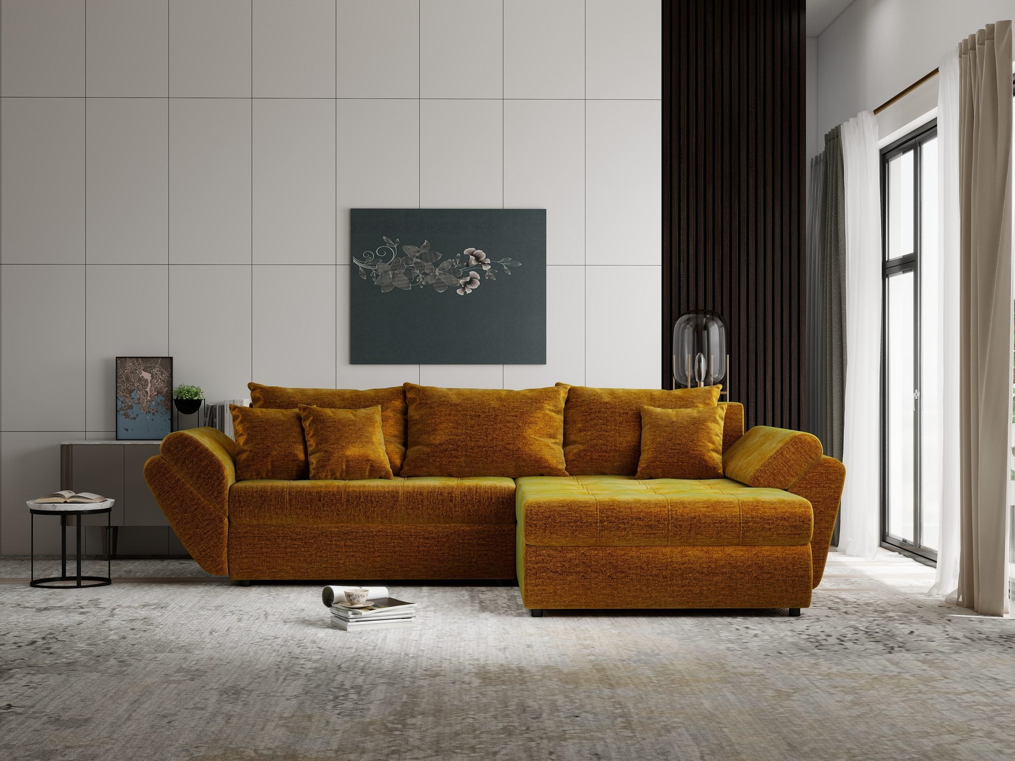 Colțar extensibil dumonde cu ladă de depozitare si sezut confortabil din spuma high-density, Loana Monolith Mustar II 270x185 cm