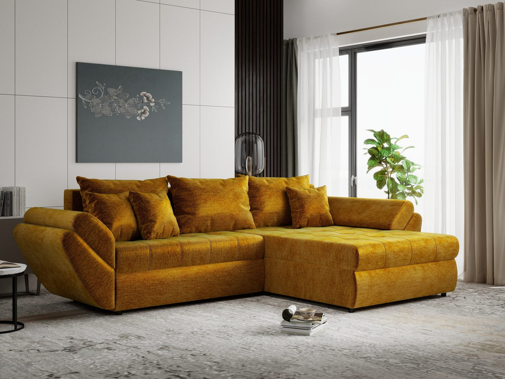 Colțar extensibil dumonde cu ladă de depozitare si sezut confortabil din spuma high-density, Loana Monolith Mustar II 270x185 cm