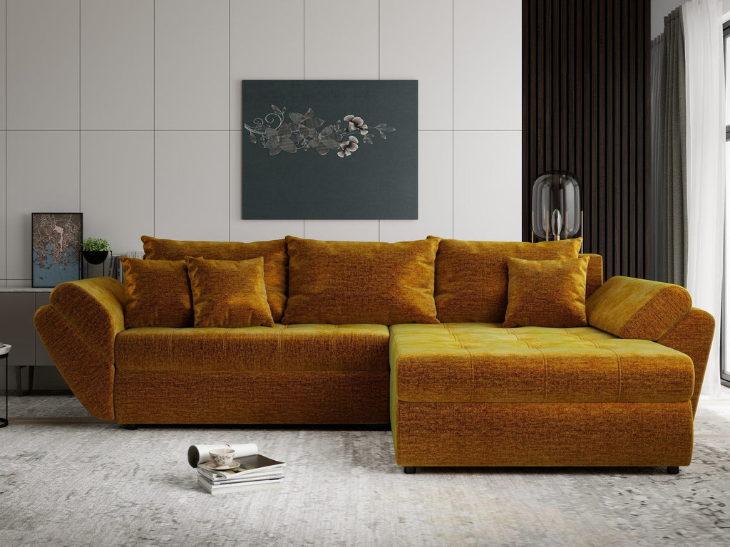 Colțar extensibil dumonde cu ladă de depozitare si sezut confortabil din spuma high-density, Loana Monolith Mustar II 270x185 cm