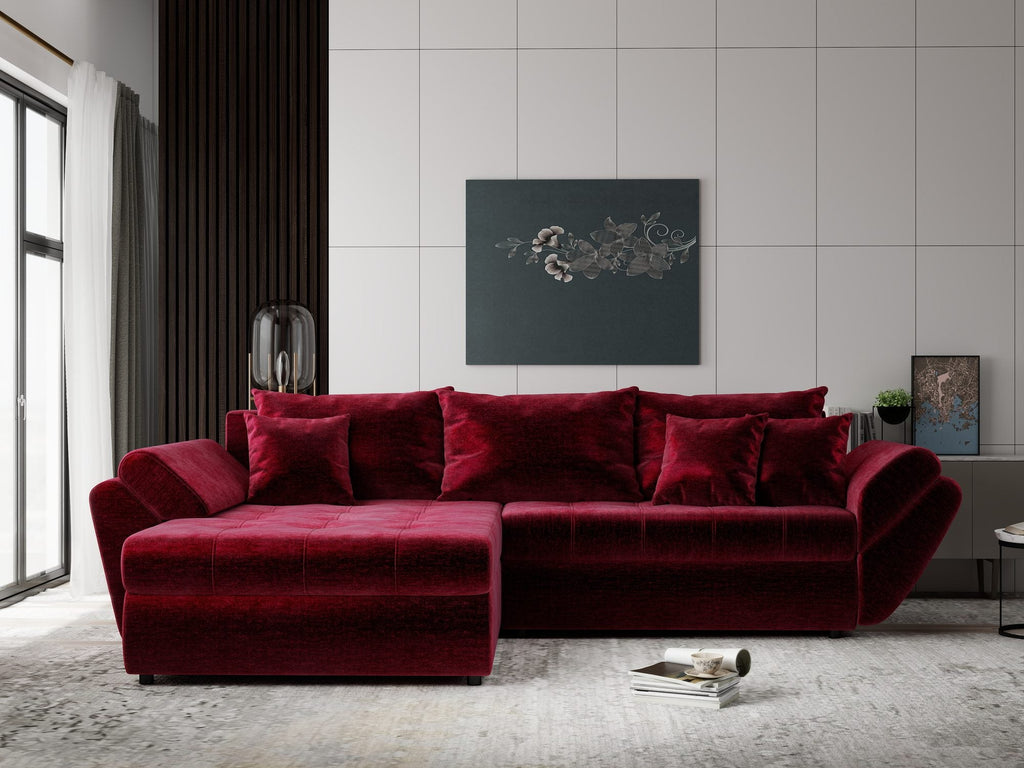 Colțar extensibil dumonde cu ladă de depozitare si sezut confortabil din spuma high-density, Loana Monolith Rosu 270x185 cm