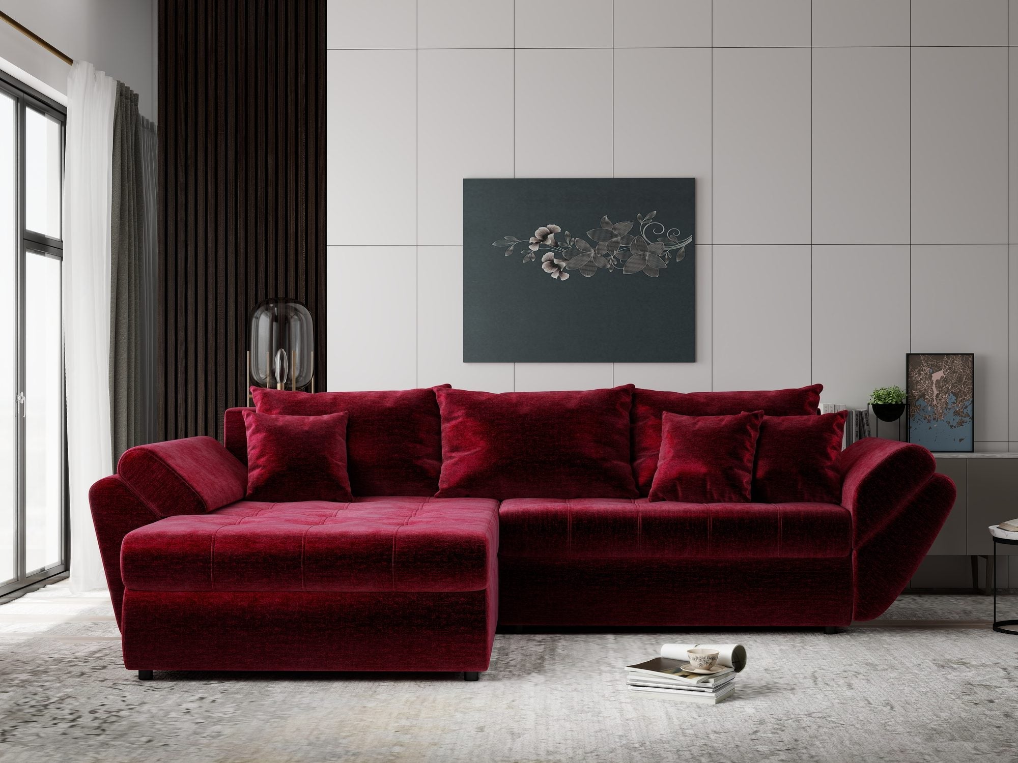 Colțar extensibil dumonde cu ladă de depozitare si sezut confortabil din spuma high-density, Loana Monolith Rosu 270x185 cm