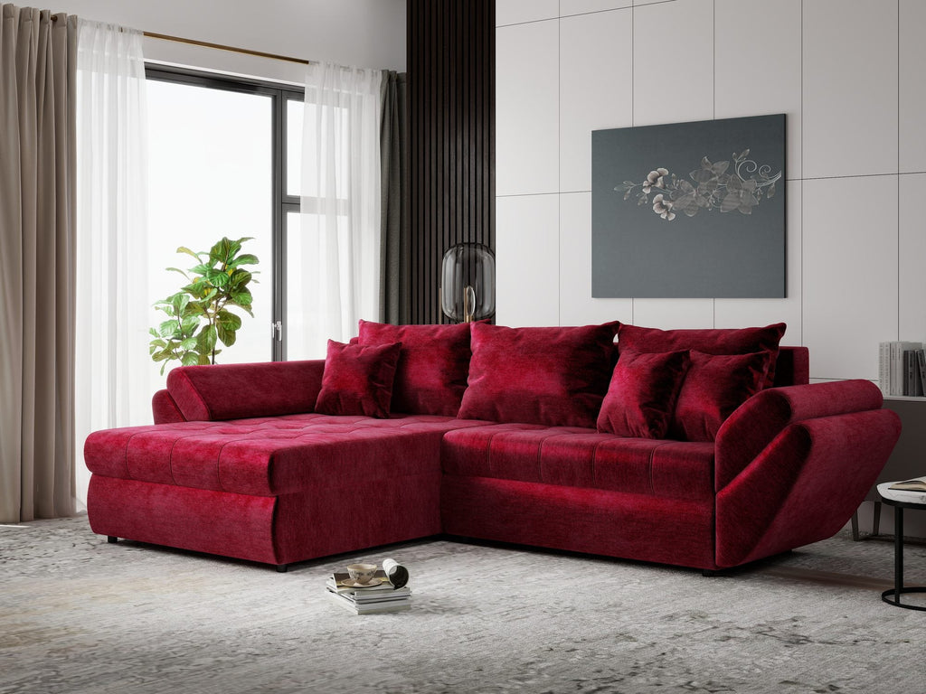Colțar extensibil dumonde cu ladă de depozitare si sezut confortabil din spuma high-density, Loana Monolith Rosu 270x185 cm