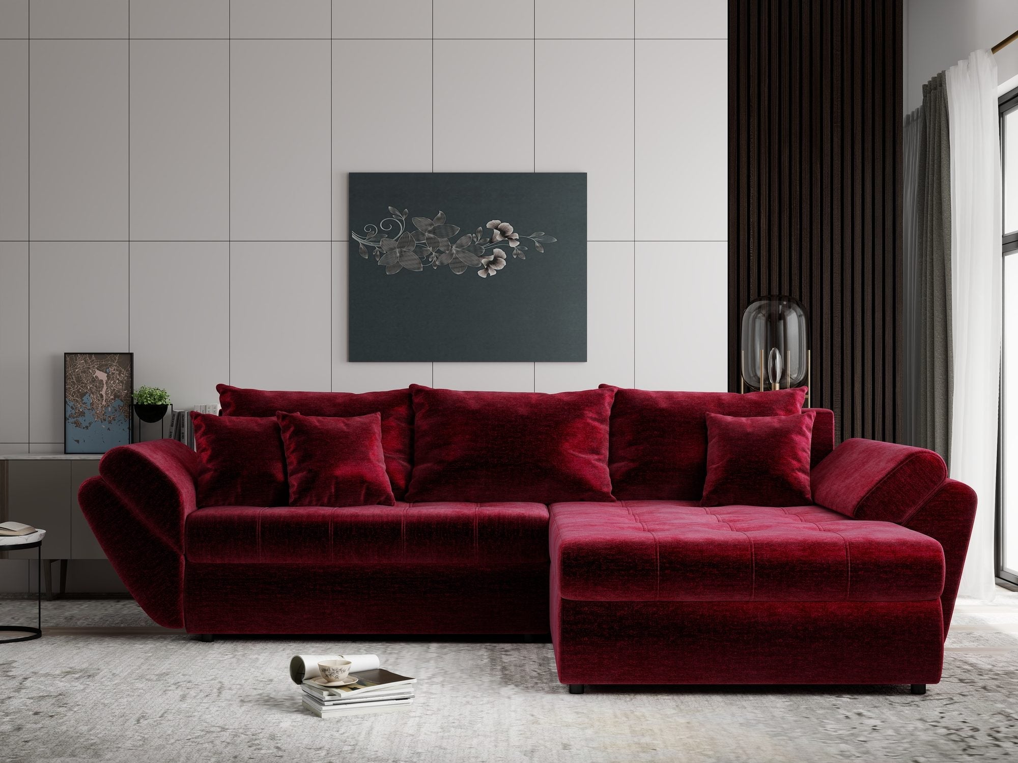 Colțar extensibil dumonde cu ladă de depozitare si sezut confortabil din spuma high-density, Loana Monolith Rosu II 270x185 cm