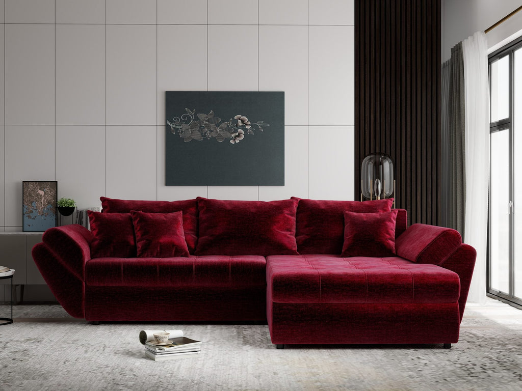Colțar extensibil dumonde cu ladă de depozitare si sezut confortabil din spuma high-density, Loana Monolith Rosu II 270x185 cm