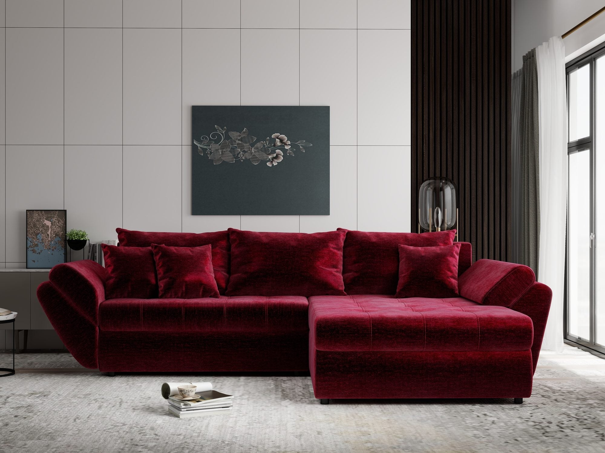 Colțar extensibil dumonde cu ladă de depozitare si sezut confortabil din spuma high-density, Loana Monolith Rosu II 270x185 cm