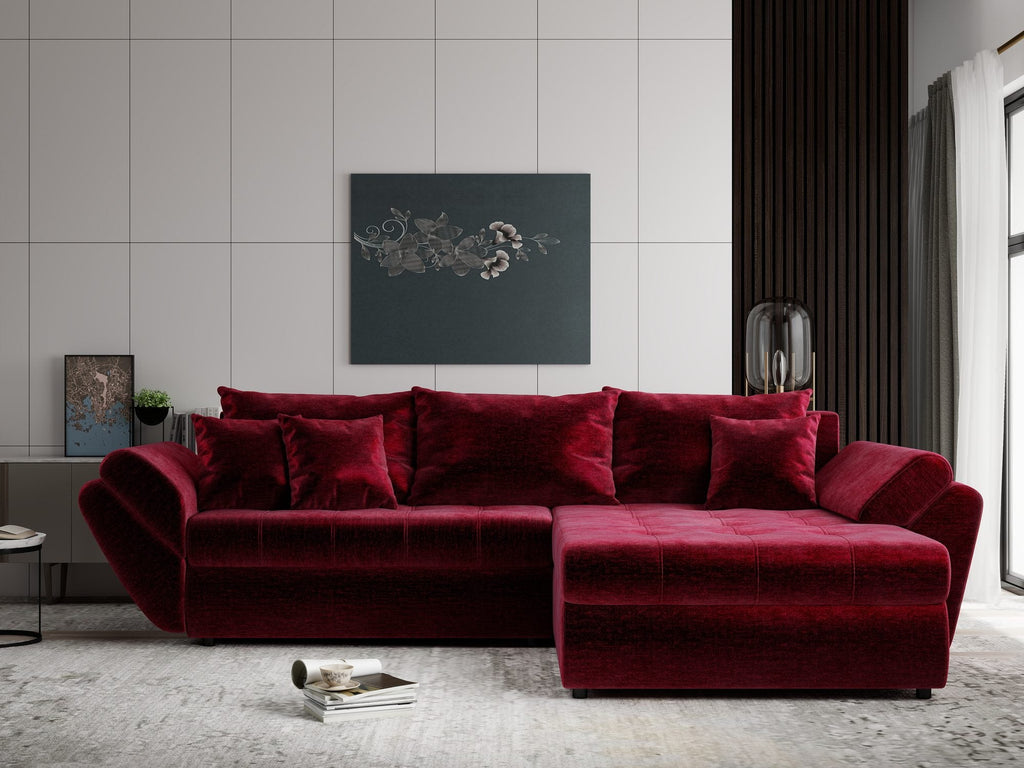 Colțar extensibil dumonde cu ladă de depozitare si sezut confortabil din spuma high-density, Loana Monolith Rosu II 270x185 cm