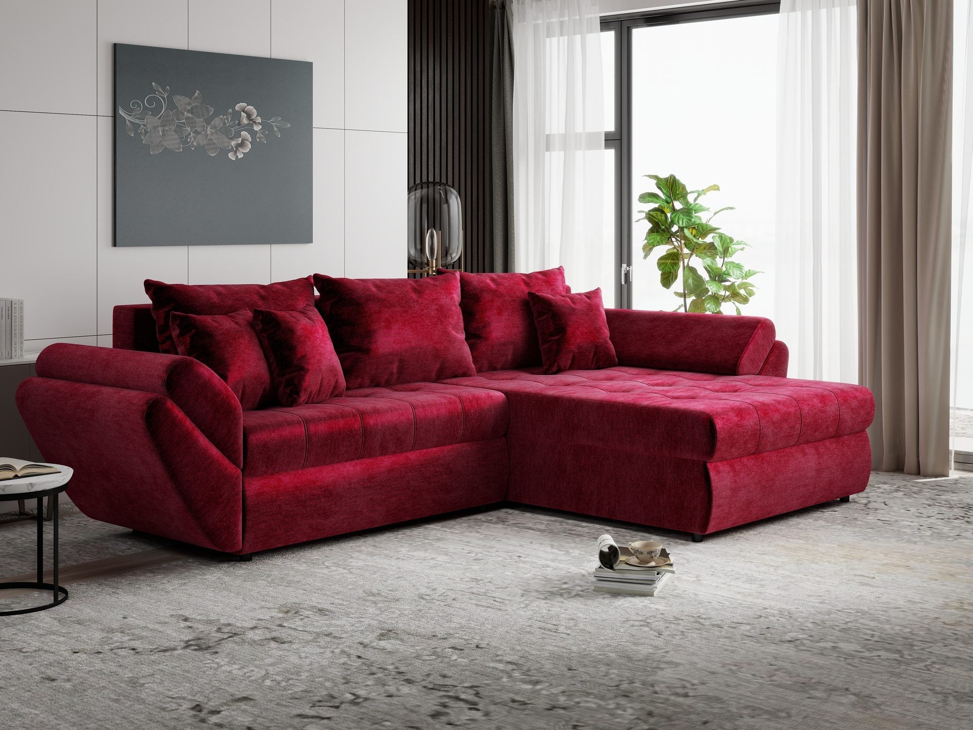Colțar extensibil dumonde cu ladă de depozitare si sezut confortabil din spuma high-density, Loana Monolith Rosu II 270x185 cm