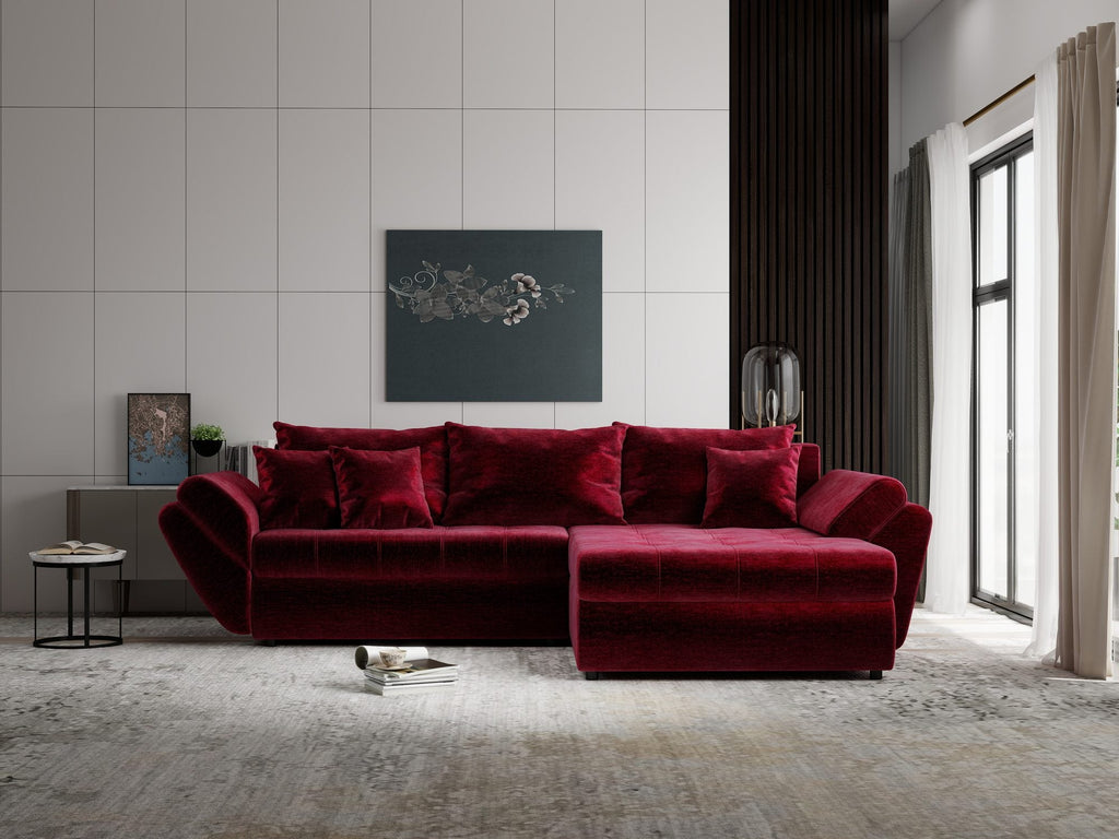 Colțar extensibil dumonde cu ladă de depozitare si sezut confortabil din spuma high-density, Loana Monolith Rosu II 270x185 cm