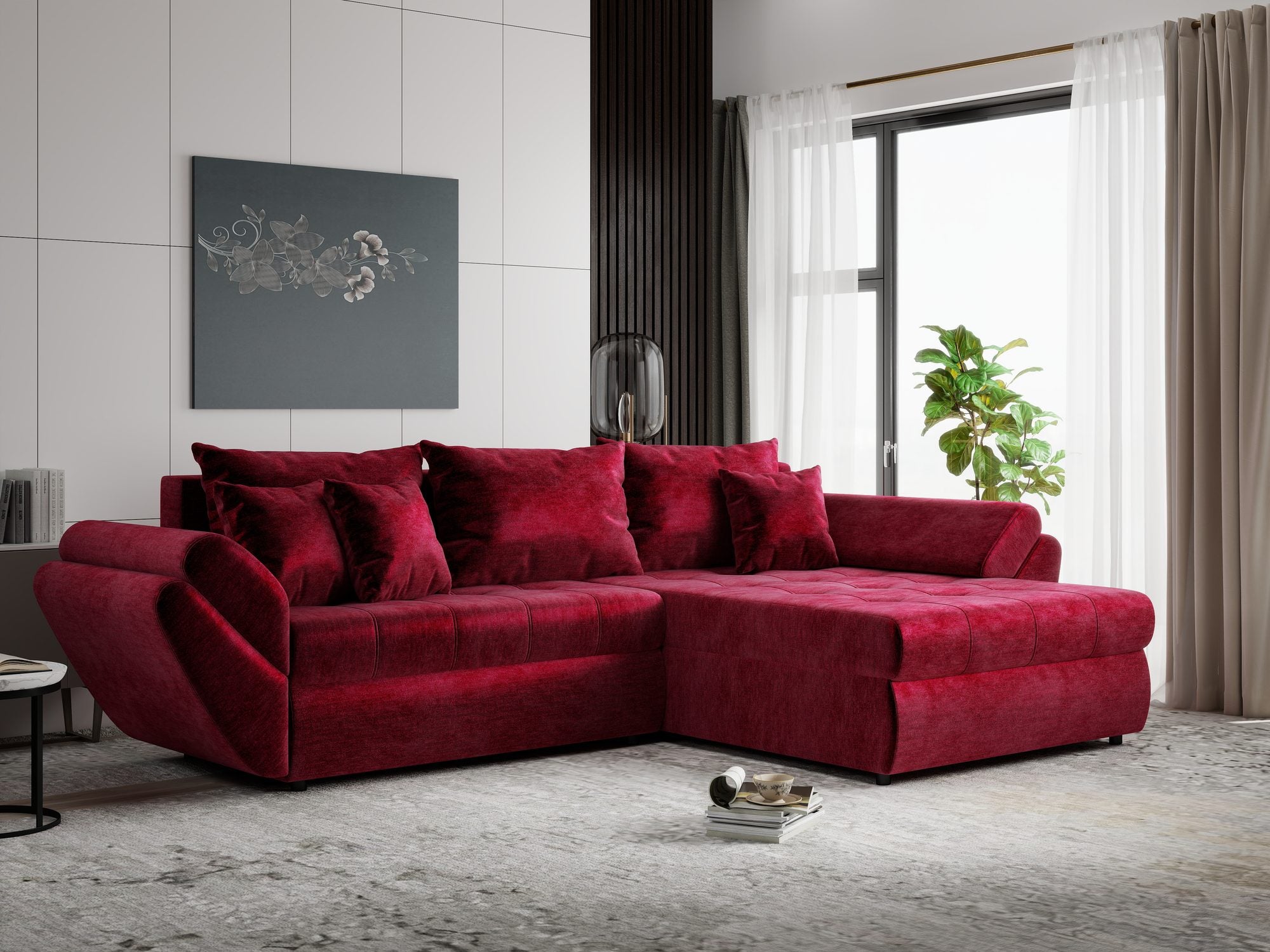 Colțar extensibil dumonde cu ladă de depozitare si sezut confortabil din spuma high-density, Loana Monolith Rosu II 270x185 cm