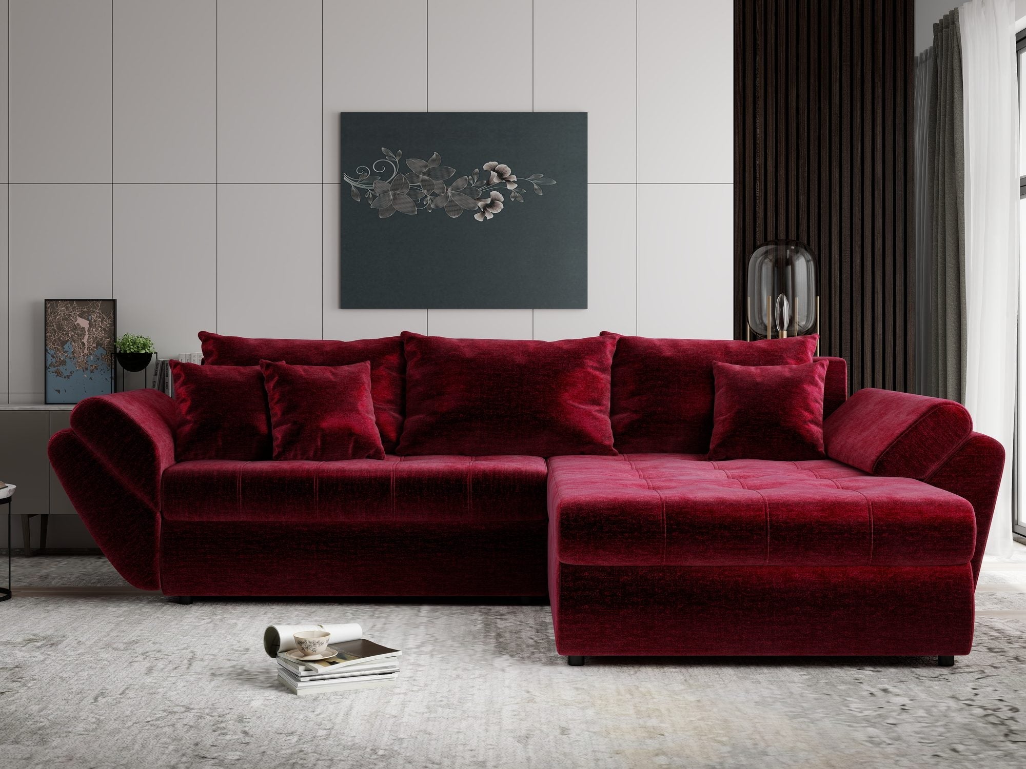 Colțar extensibil dumonde cu ladă de depozitare si sezut confortabil din spuma high-density, Loana Monolith Rosu II 270x185 cm