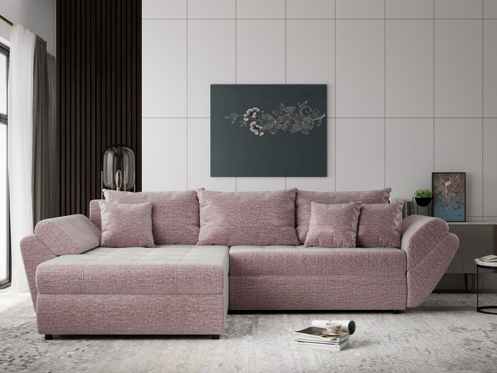 Colțar extensibil dumonde cu ladă de depozitare si sezut confortabil din spuma high-density, Loana Monolith Roz pudrat 270x185 cm