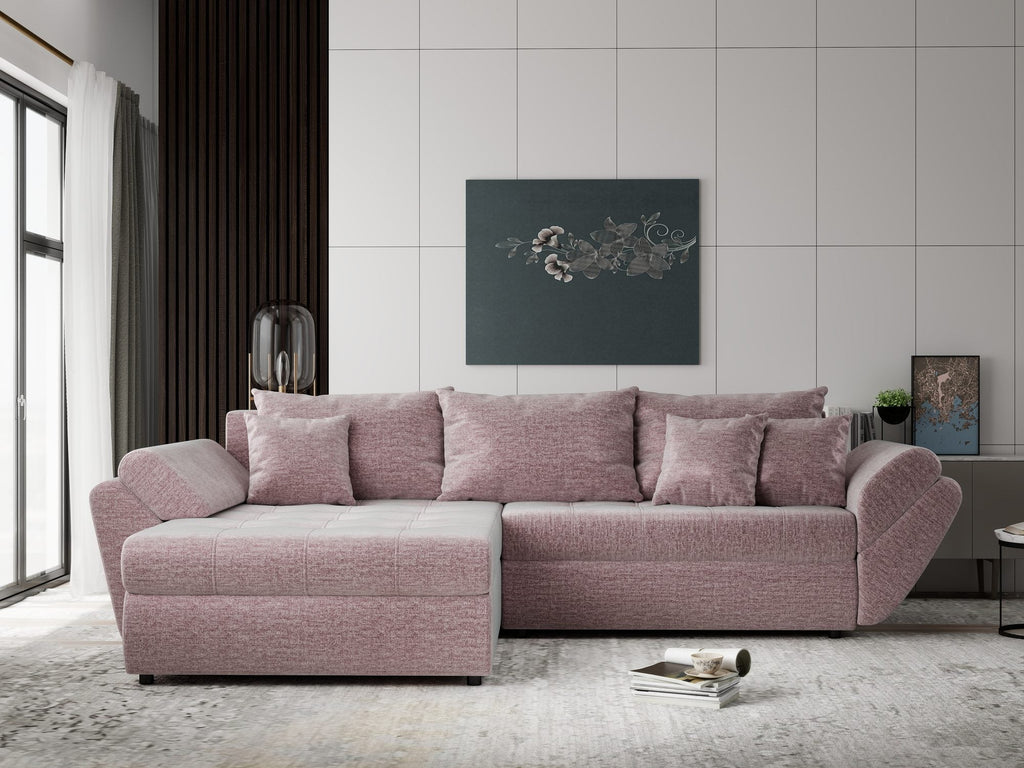 Colțar extensibil dumonde cu ladă de depozitare si sezut confortabil din spuma high-density, Loana Monolith Roz pudrat 270x185 cm