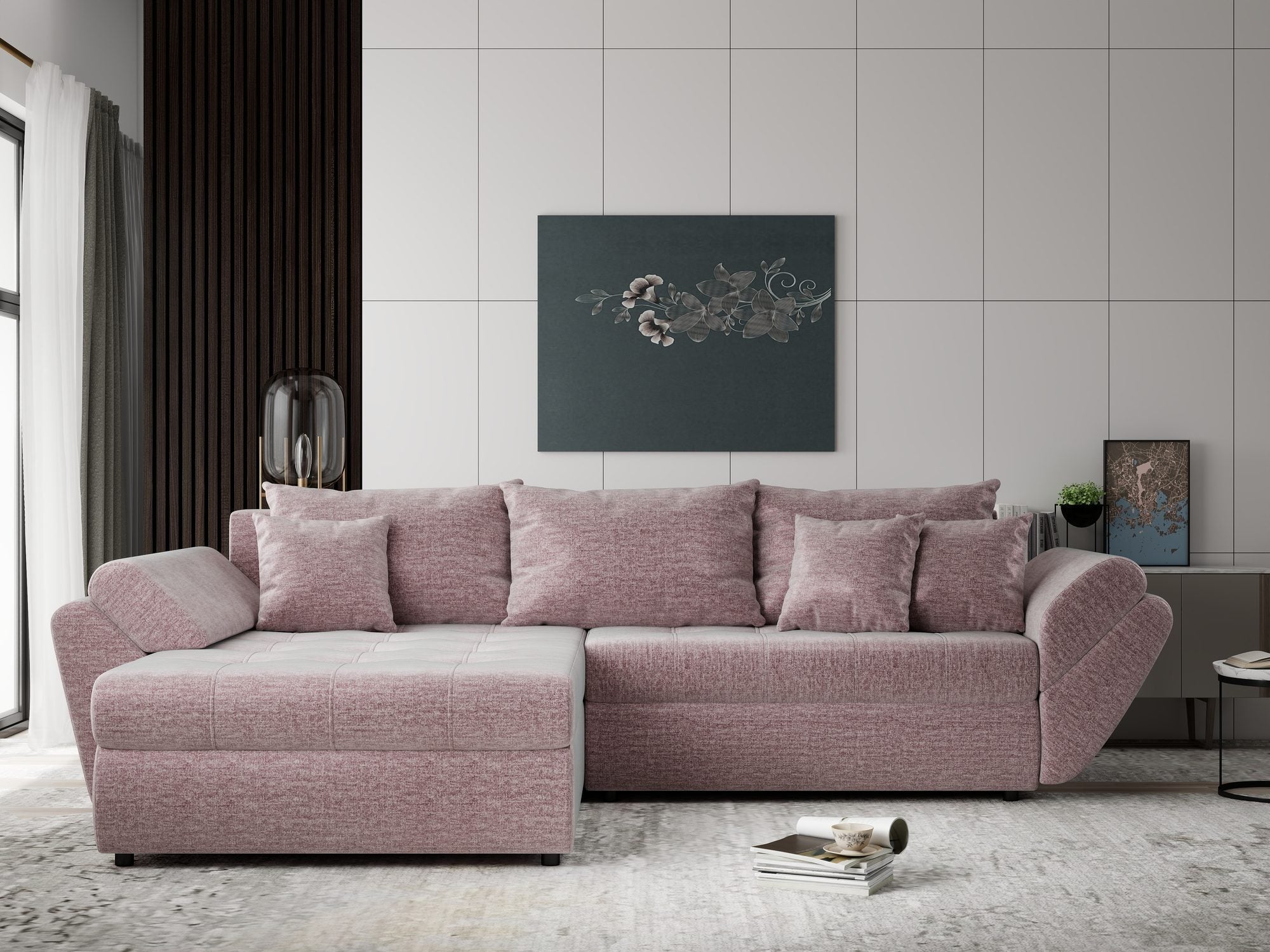 Colțar extensibil dumonde cu ladă de depozitare si sezut confortabil din spuma high-density, Loana Monolith Roz pudrat 270x185 cm
