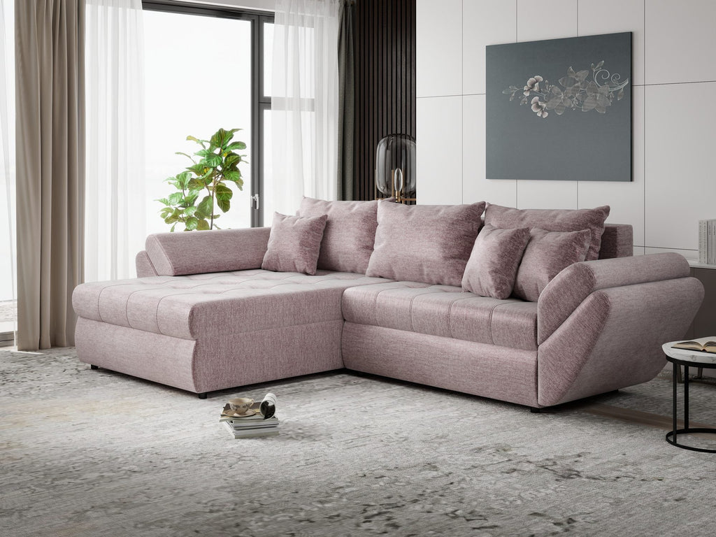 Colțar extensibil dumonde cu ladă de depozitare si sezut confortabil din spuma high-density, Loana Monolith Roz pudrat 270x185 cm