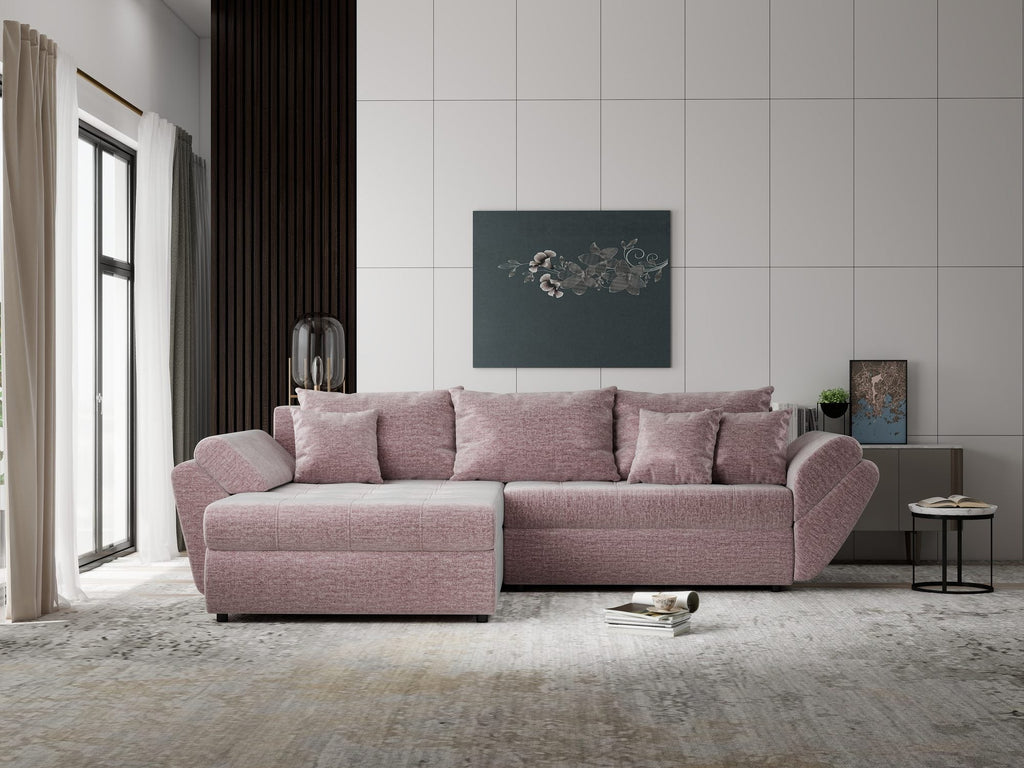 Colțar extensibil dumonde cu ladă de depozitare si sezut confortabil din spuma high-density, Loana Monolith Roz pudrat 270x185 cm