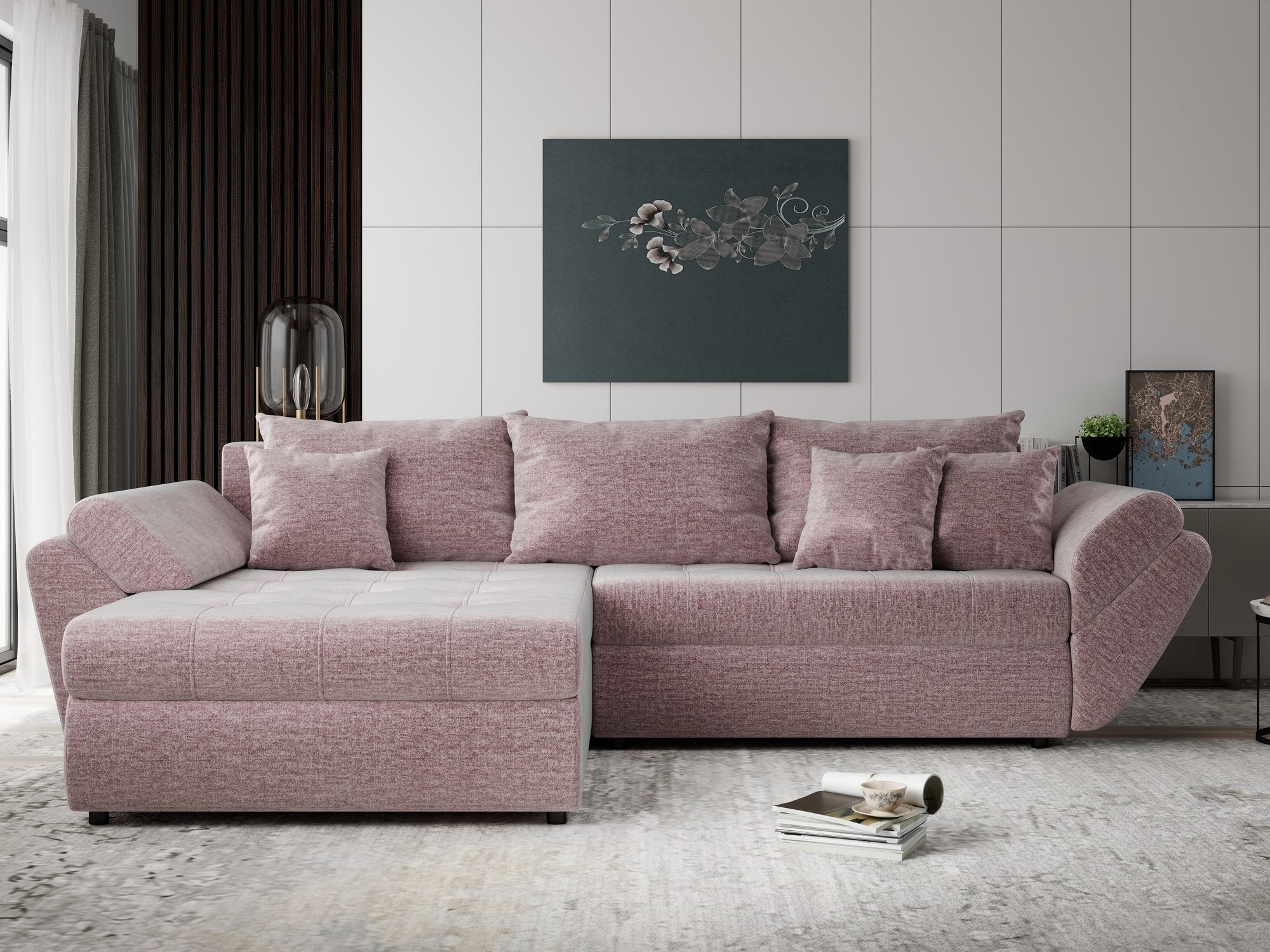 Colțar extensibil dumonde cu ladă de depozitare si sezut confortabil din spuma high-density, Loana Monolith Roz pudrat 270x185 cm