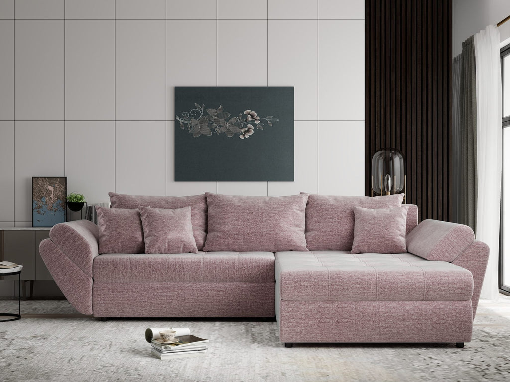 Colțar extensibil dumonde cu ladă de depozitare si sezut confortabil din spuma high-density, Loana Monolith Roz pudrat II 270x185 cm