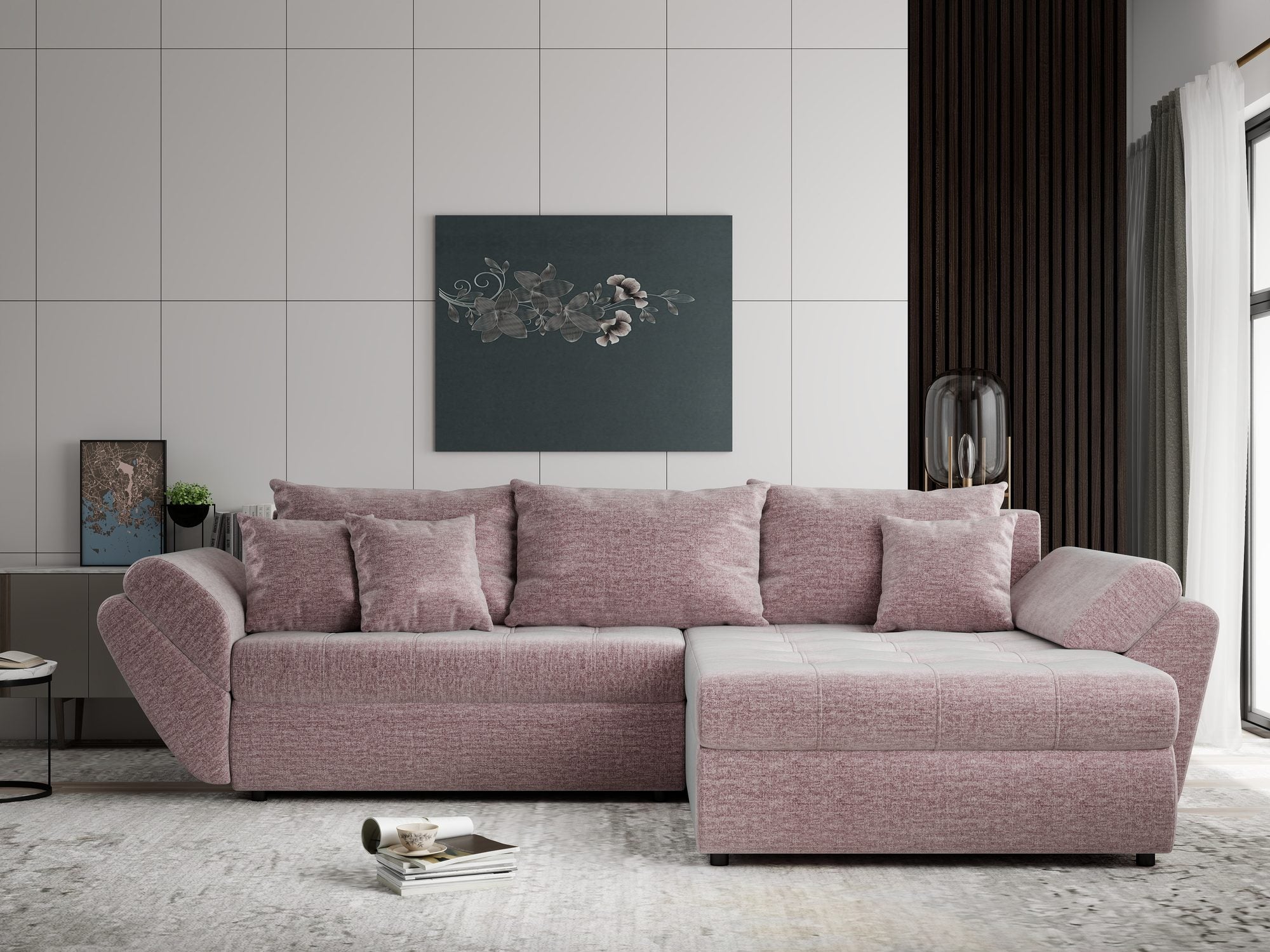 Colțar extensibil dumonde cu ladă de depozitare si sezut confortabil din spuma high-density, Loana Monolith Roz pudrat II 270x185 cm