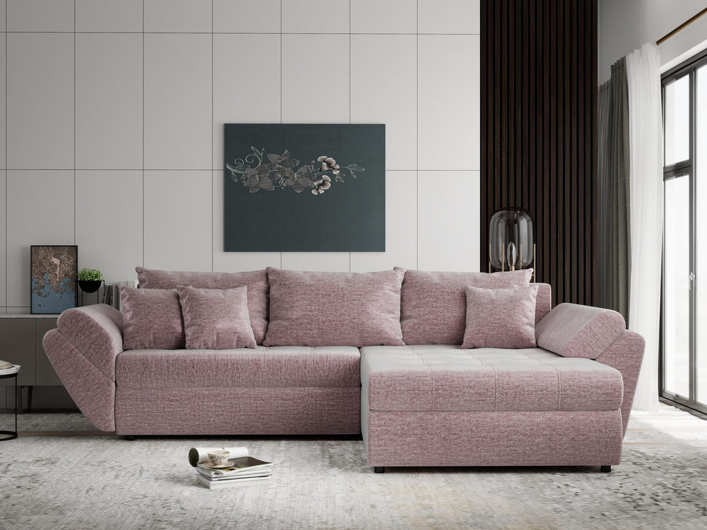 Colțar extensibil dumonde cu ladă de depozitare si sezut confortabil din spuma high-density, Loana Monolith Roz pudrat II 270x185 cm