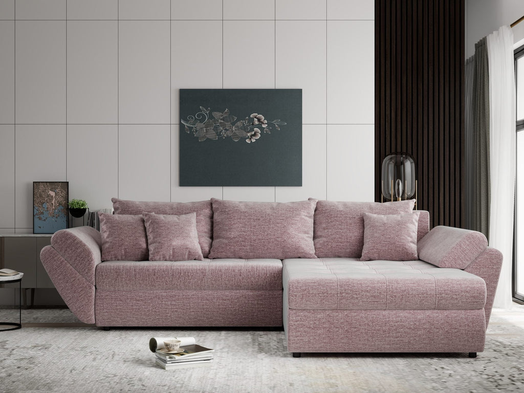 Colțar extensibil dumonde cu ladă de depozitare si sezut confortabil din spuma high-density, Loana Monolith Roz pudrat II 270x185 cm