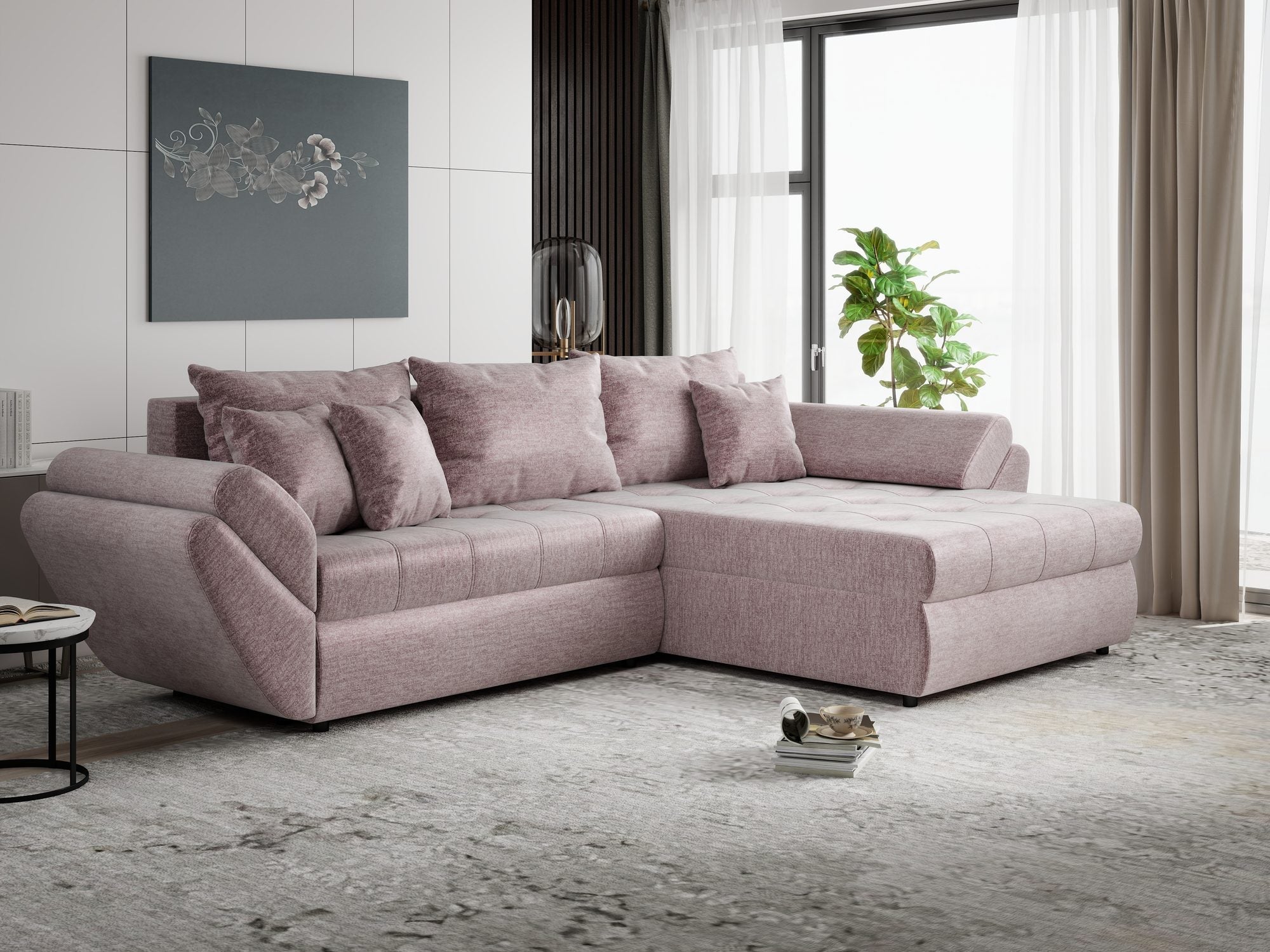 Colțar extensibil dumonde cu ladă de depozitare si sezut confortabil din spuma high-density, Loana Monolith Roz pudrat II 270x185 cm