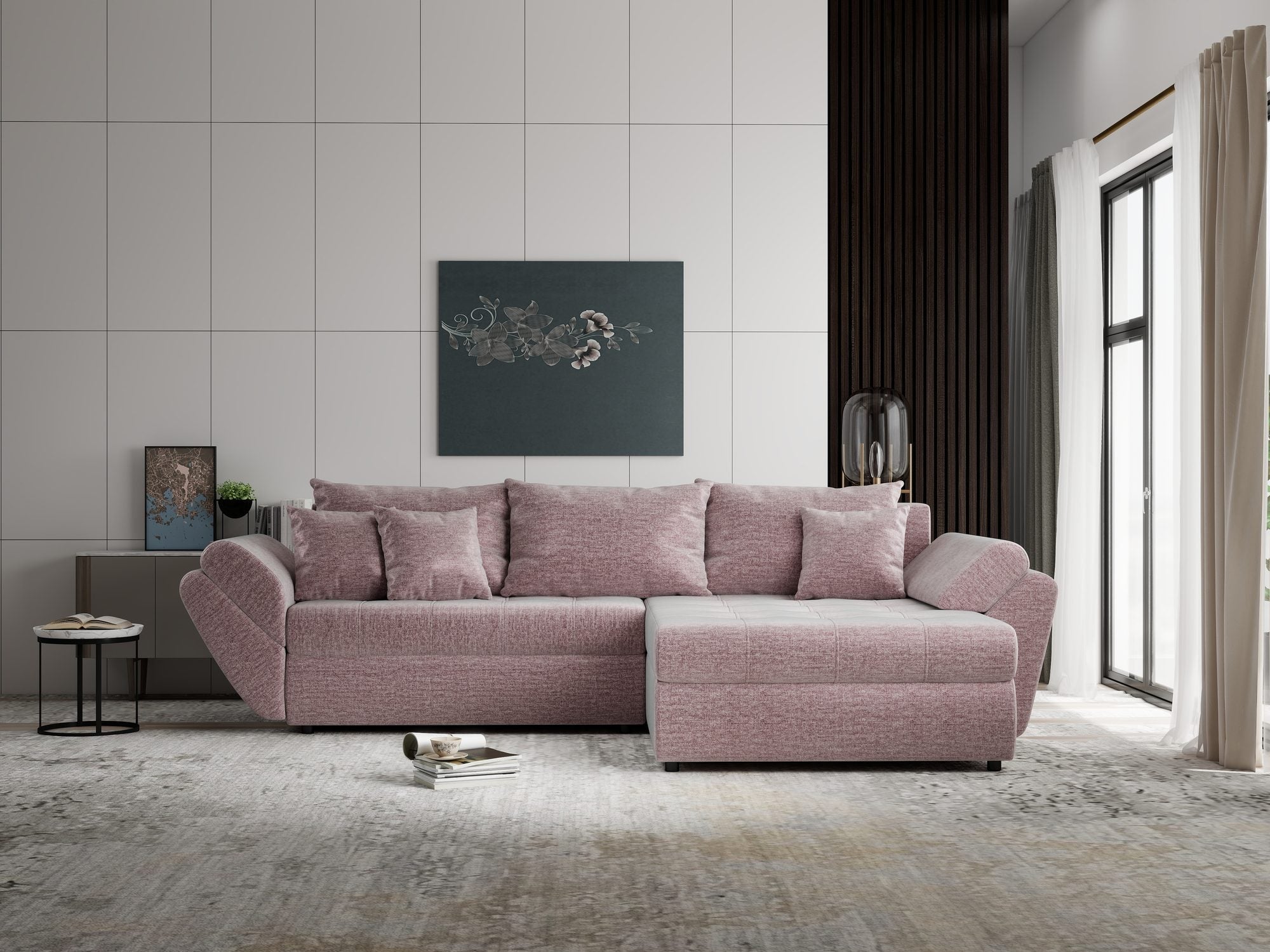 Colțar extensibil dumonde cu ladă de depozitare si sezut confortabil din spuma high-density, Loana Monolith Roz pudrat II 270x185 cm