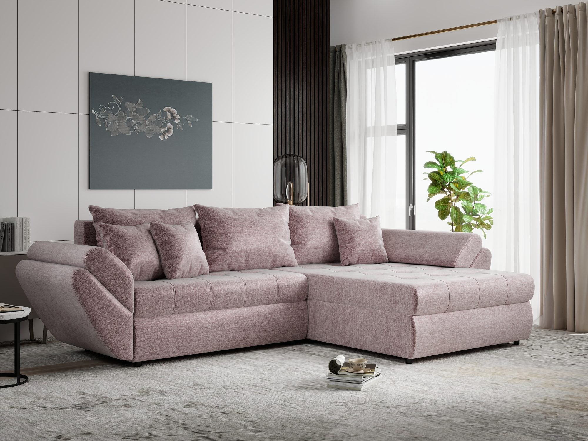 Colțar extensibil dumonde cu ladă de depozitare si sezut confortabil din spuma high-density, Loana Monolith Roz pudrat II 270x185 cm