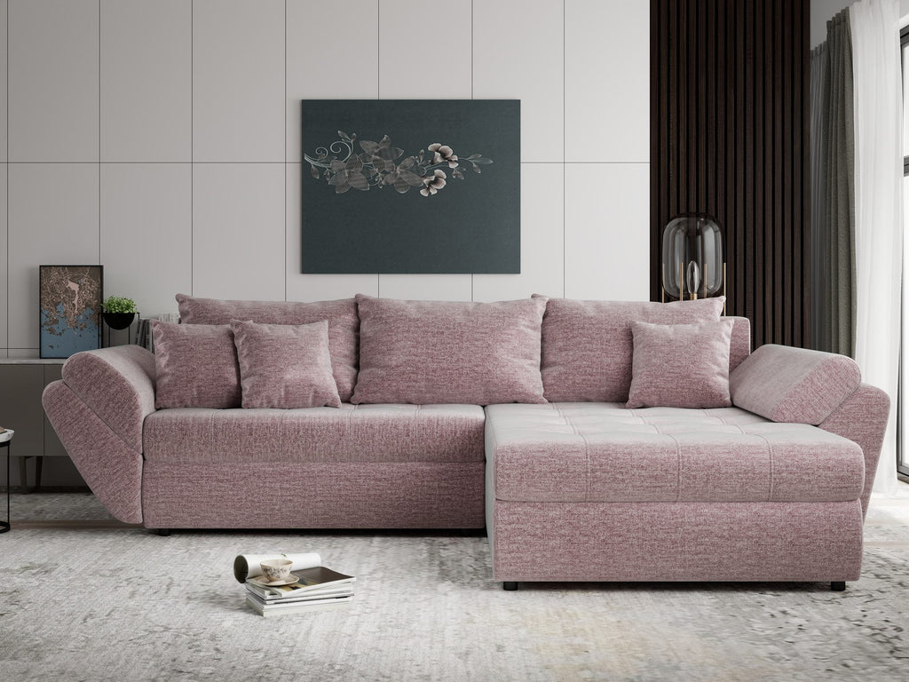Colțar extensibil dumonde cu ladă de depozitare si sezut confortabil din spuma high-density, Loana Monolith Roz pudrat II 270x185 cm