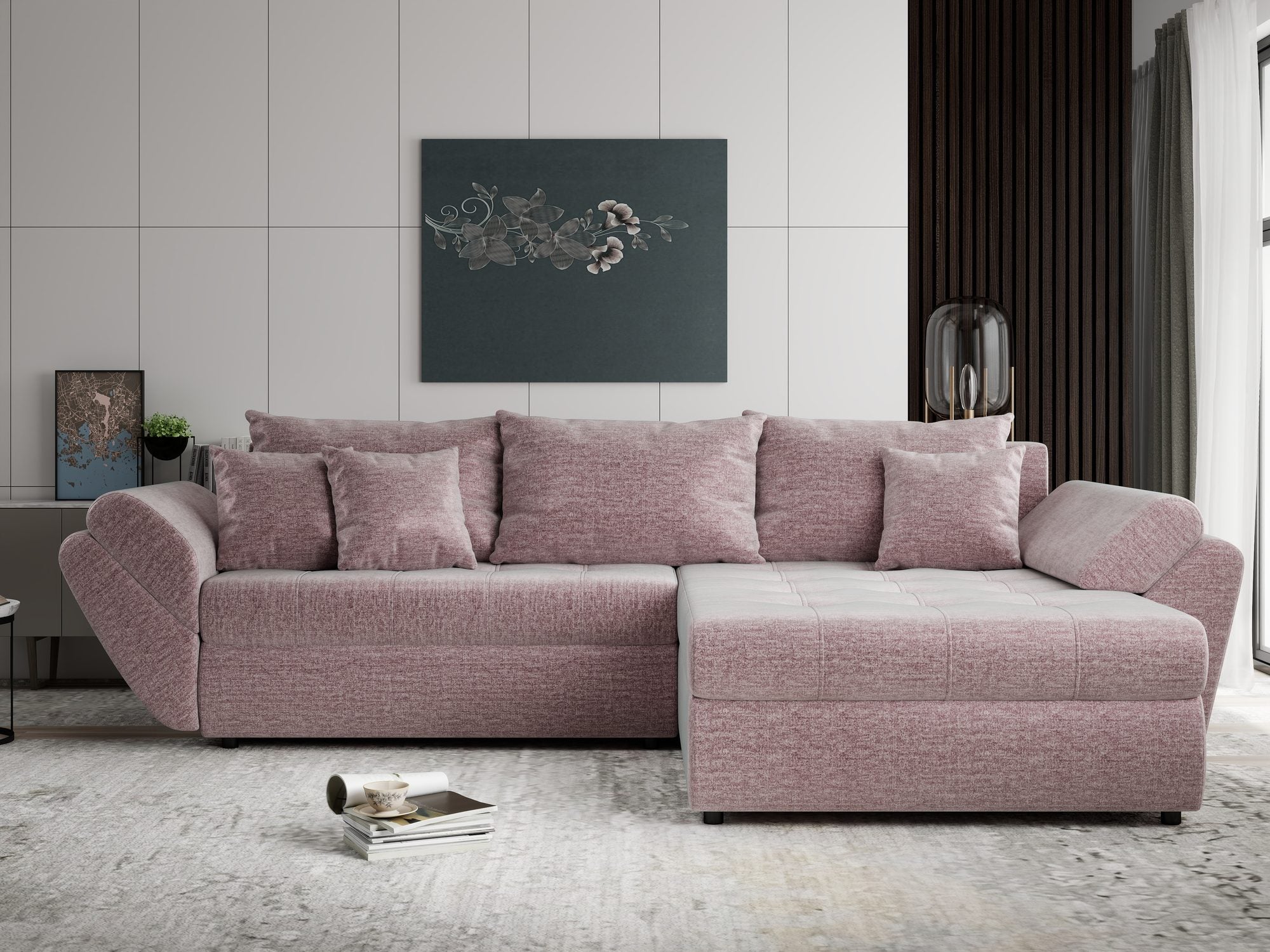 Colțar extensibil dumonde cu ladă de depozitare si sezut confortabil din spuma high-density, Loana Monolith Roz pudrat II 270x185 cm
