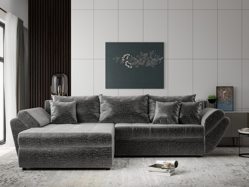 Colțar extensibil dumonde cu ladă de depozitare si sezut confortabil din spuma high-density, Loana Monolith Gri 270x185 cm